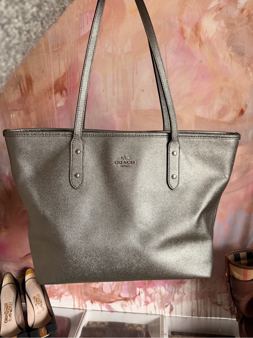 Coach Metallic Silver Leather Tote